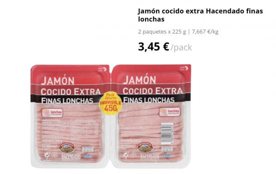 Jamón cocido extra Hacendado finas lonchas 2 paquetes/ 3,45 €/ MERCADONA.ES