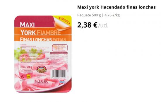 Fiambre Maxi york Hacendado finas lonchas /2,38 €/ MERCADONA.ES