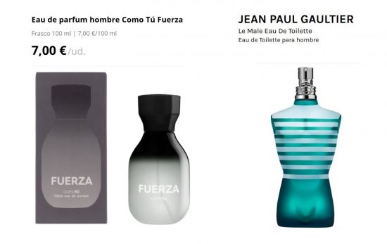 Como tú Fuerza (7 €) / Le Male de Jean Paul Gautier (73 euros)