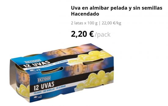 Uva en almibar pelada y sin semillas Hacendado que no recomienda/ MERCADONA.ES