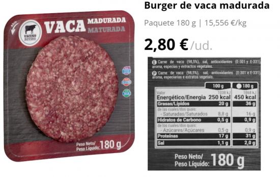 Burger de vaca madurada Paquete 180 g | 15,556 €/kg 2,80 €/ud./ MERCADONA.ES