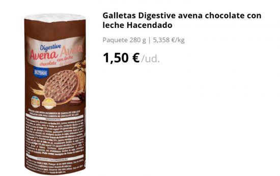 Galletas Digestive avena chocolate con leche Hacendado Paquete 280 g 1,50 €/ud./ MERCADONA.ES