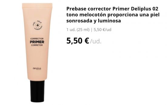 Prebase corrector Primer Deliplus 02 tono melocotón proporciona una piel sonrosada y luminosa/ MERCADONA.ES