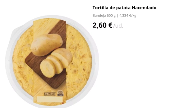 Tortilla de patata Hacendado Bandeja 600 g | 4,334 €/kg 2,60 €/ud./ MERCADONA.ES