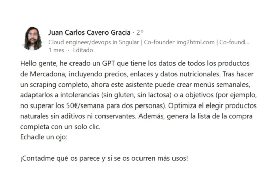 Juan Carlos Cavero y su mensaje en LinkedIn avisando de su nueva app MercadonIA/ LinkedIn