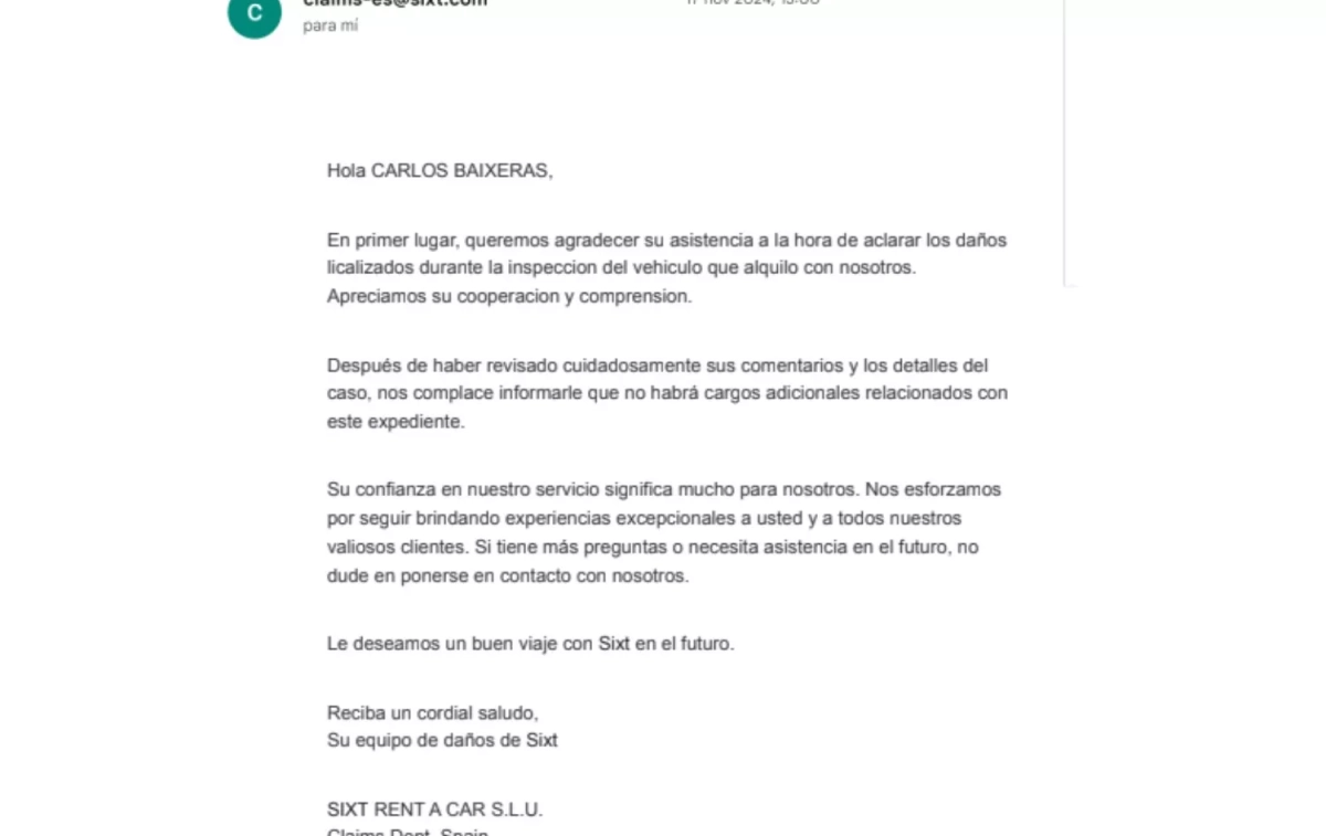 El mail de Sixt donde aseguran que harán cargos   CEDIDA