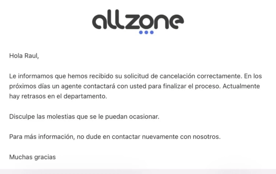 El menseje de AllZone confirmando la cancelación a Raúl / CEDIDA El menseje de AllZone confirmando la cancelación a Raúl / CEDIDA