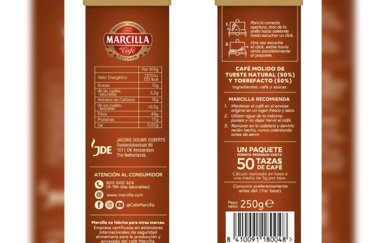 Listado de ingredientes y valores nutricionales del café mezcla de Marcilla / CG Listado de ingredientes y valores nutricionales del café mezcla de Marcilla / CG