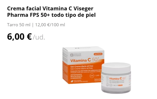 Crema facial Vitamina C Viseger Pharma FPS 50+ todo tipo de piel/ MERCADONA Crema facial Vitamina C Viseger Pharma FPS 50+ todo tipo de piel/ MERCADONA