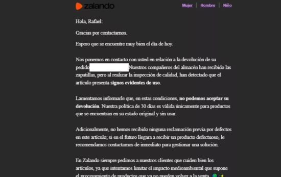 El mensaje de Zalando el 16 de febrero CEDIDA El mensaje de Zalando el 16 de febrero CEDIDA