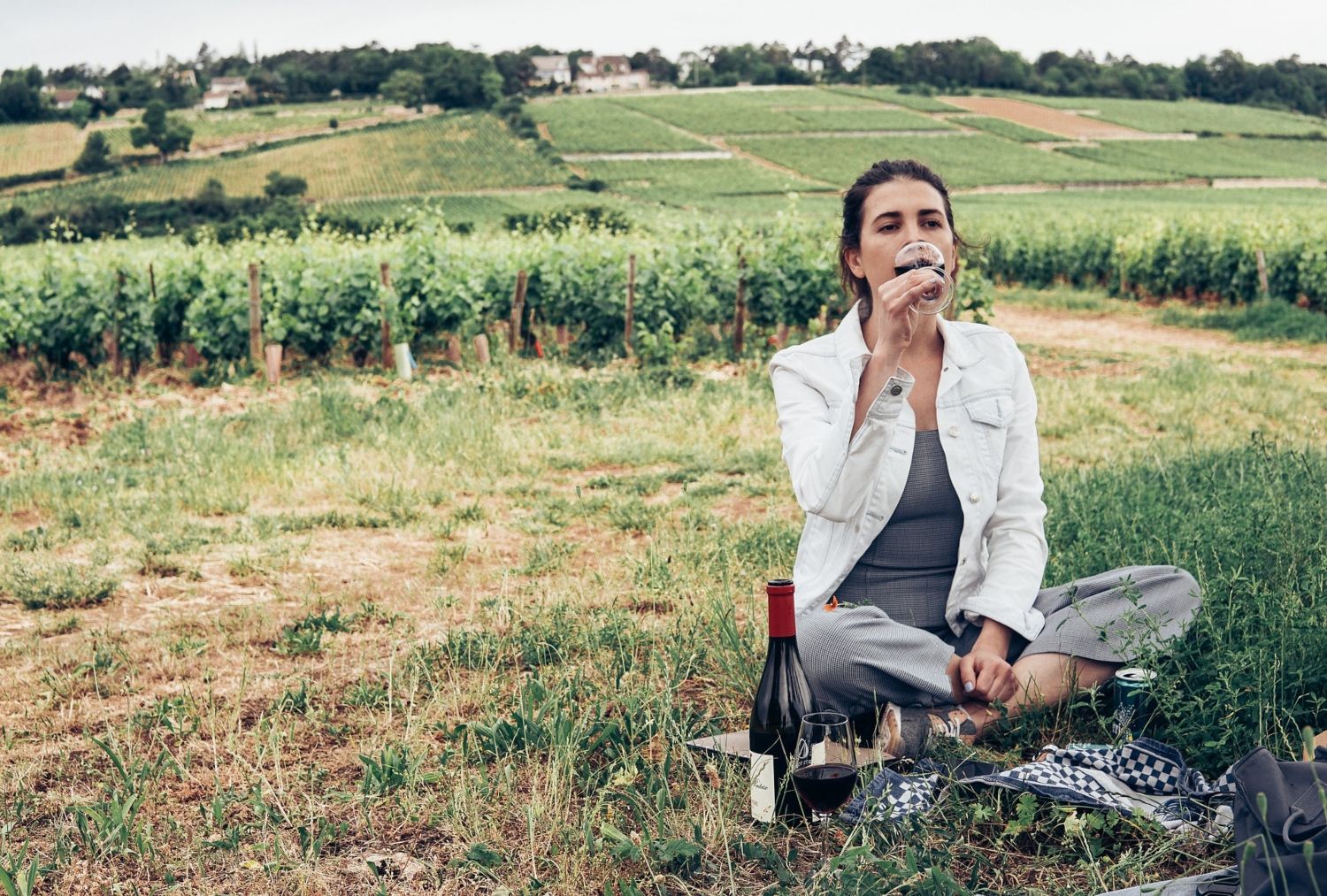 Una mujer bebe una copa de vino tinto en el campo / PIXABAY